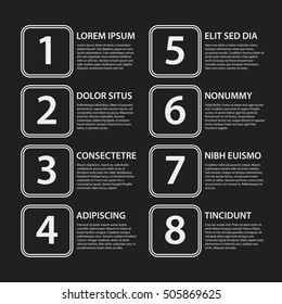 Corporate presentation template on dark background. Black and white colors. Useful for advertising, presentations and web design.