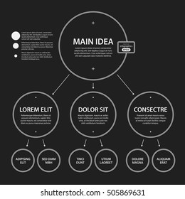 Corporate presentation template on dark background. Black and white colors. Useful for advertising, presentations and web design.