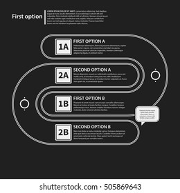 Corporate presentation template on dark background. Black and white colors. Useful for advertising, presentations and web design.