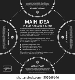 Corporate presentation template on dark background. Black and white colors. Useful for advertising, presentations and web design.