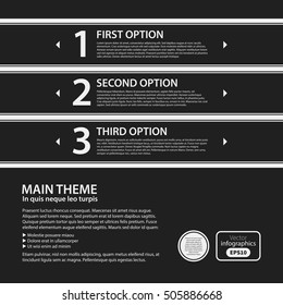 Corporate presentation template on dark background. Black and white colors. Useful for advertising, presentations and web design.