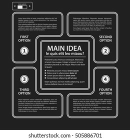 Corporate presentation template on dark background. Black and white colors. Useful for advertising, presentations and web design.