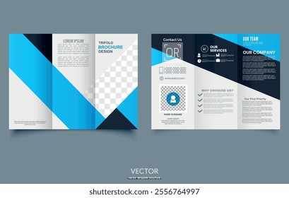 Corporate presentation trifold brochure design,Simple and minimalist promotion layout with blue color. Brochure design, brochure template, creative tri-fold, trend brochure .Corporate Tri Fold