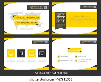 Corporate presentation vector template. Business presentation graphic design. Minimalistic layout with infographic, front page, content, products (services) and contact info. Easy to use and print.