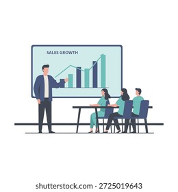 A corporate presenter explains rising sales performance using bar charts and a trendline while colleagues listen attentively in a minimalist, modern meeting environment.