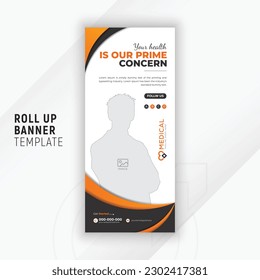 Corporate and professional medical rollup banner template with abstract yellow gradient color shapes for presentation and white background