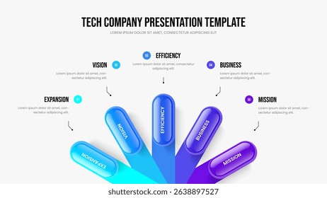 Corporate Profile Slide Template Vector Illustration. Project Report Five Element Diagram Frame Design. Digital Launch 5 Step Infographic Presentation Layout.