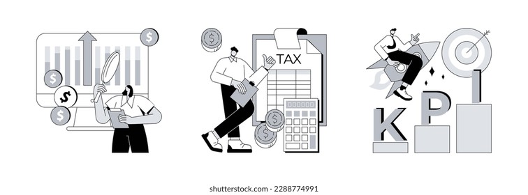 Juego de ilustraciones vectoriales de concepto abstracto de beneficios corporativos. Sistema de gestión financiera, cálculo de ingresos netos, medición del éxito de los KPI, crecimiento de la empresa, planificación presupuestaria, metáfora abstracta del tablero.