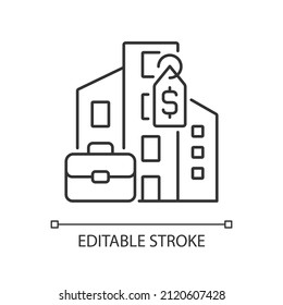 Corporate Property Selling Linear Icon. Commercial Realty Sale And Purchase. Company Office Trading. Thin Line Illustration. Contour Symbol. Vector Outline Drawing. Editable Stroke. Arial Font Used