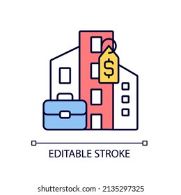 Corporate property selling RGB color icon. Commercial realty sale and purchase. Company office trading. Isolated vector illustration. Simple filled line drawing. Editable stroke. Arial font used