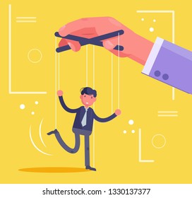 Corporate puppet. Hand controls the doll on the strings