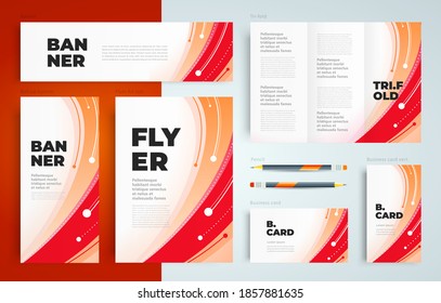 Corporate rays red color. Lines and circles actions stripes. Set flyer cover, tri-fold, banner, roll up banner, business card