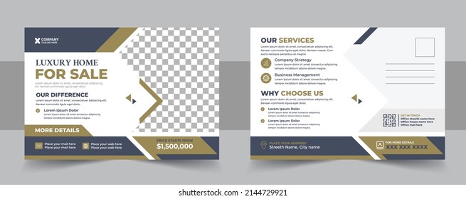 Corporate real estate postcard template design, Modern and Elegant Postcard Template For Home Sale. Modern home for sale postcard design template vector layout