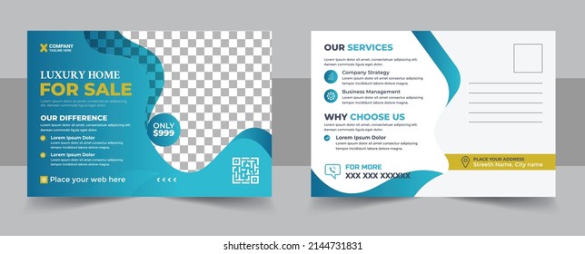 Corporate real estate postcard template design, Modern and  Elegant Postcard Template For Home Sale. Home For Sale Postcard. Real Estate Postcard Design Template Vector