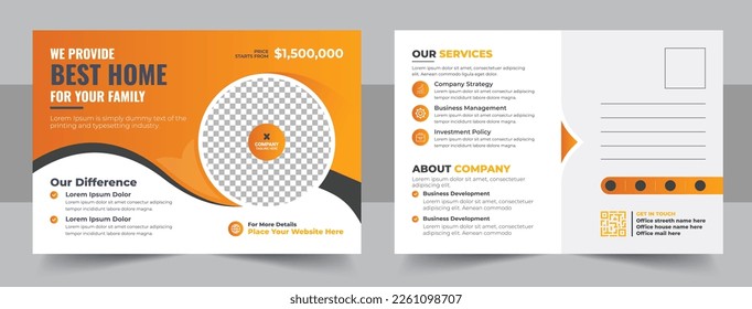 Corporate Real Estate Postcard Template Design, Moderne und elegante Postkartenvorlage für den Verkauf zu Hause. Immobilien- und Immobilienverkaufskarte, Corporate Business-Orange-Postkarten-Vektorgrafik