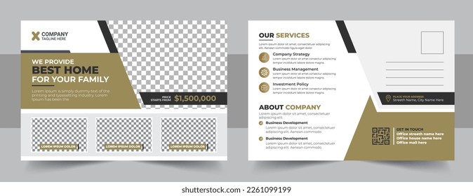 Corporate Real Estate Postcard Vector Template, Corporate real estate postcard template design, Modern and Elegant Postcard Template For Home Sale. Real Estate and Property Sell Postcard