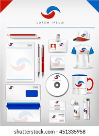 Corporate red and blue identity template, realistic cup, business card, letterhead, envelope, usb stick, pen, lighter, t-shirt, hat. Abstract vector company professional  style for brand-book
