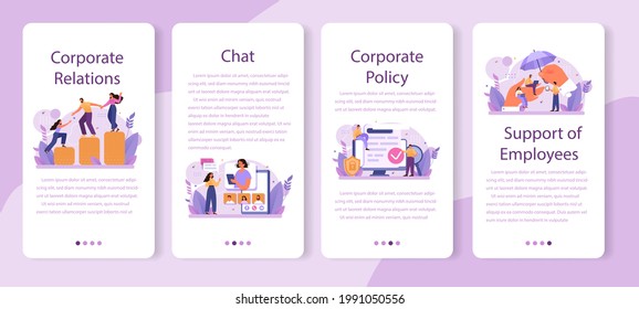 Corporate Relations Mobile Application Banner Set. Business Ethics. Corporate Organization Development And Compliance. Company Policy Course For Employees. Flat Vector Illustration