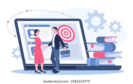 Corporate relations online. Man and woman shake hands. Collaboration and cooperation, partnership. Businessman and investor. Investing and trading, economy. Flat vector illustration