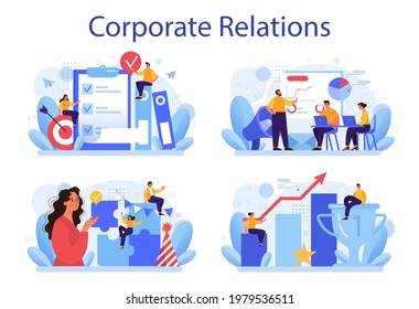 Corporate Relations Set. Business Ethics. Corporate Organization Development And Compliance. Company Policy Course For Employees. Flat Vector Illustration