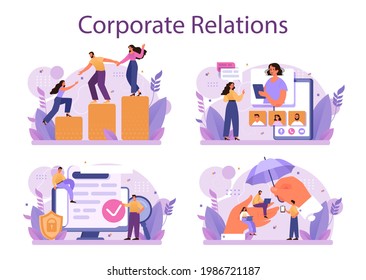 Corporate relations set. Business ethics. Corporate organization development and compliance. Company policy course for employees. Flat vector illustration