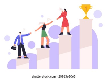 Corporate relations, successful business team, office cooperation and support. Office employee team relations and cooperation vector illustration. Company business ethics. Colleague going up together