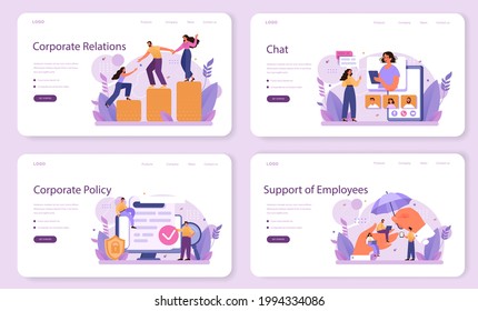 Corporate relations web banner or landing page set. Business ethics. Corporate organization development and compliance. Company policy course for employees. Flat vector illustration