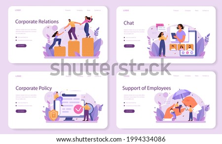 Corporate relations web banner or landing page set. Business ethics. Corporate organization development and compliance. Company policy course for employees. Flat vector illustration