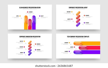 Corporate Report Three Four Five Three Option Infographic Slide Layout Vector Illustration Collection. Modern Strategy 3 4 5 3 Element Diagram Presentation Template Set.