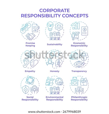 Corporate responsibility blue gradient concept icons. Business ethical commitment. Sustainable choices of company. Icon pack. Vector images. Round shape illustrations for article. Abstract idea