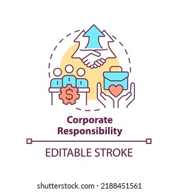 Corporate Responsibility Concept Icon. Type Of CSR Abstract Idea Thin Line Illustration. Corporation Accountability. Isolated Outline Drawing. Editable Stroke. Arial, Myriad Pro-Bold Fonts Used