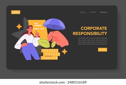 Corporate Responsibility concept. A professional nurturing a young plant under an umbrella on a web banner. Business ethics, sustainable growth, and environmental care. Vector illustration.