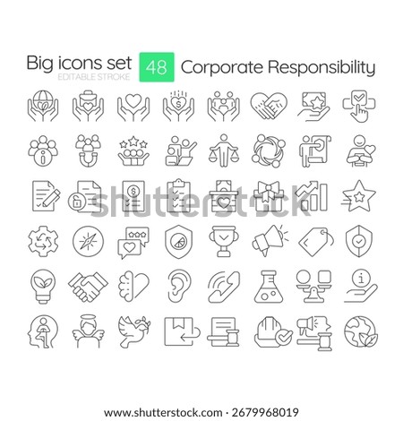 Corporate responsibility line icons set. Business ethical commitment. Sustainable choices of company management. Isolated vector outline illustrations. Thin lineart iconset symbols. Editable stroke