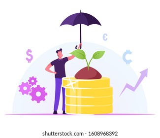 Corporate Responsibility, Social Citizenship Concept. Businessman Holding Umbrella Care Of Green Plant Growing On Pile Of Golden Coins With Business Icons Around. Csr Cartoon Flat Vector Illustration