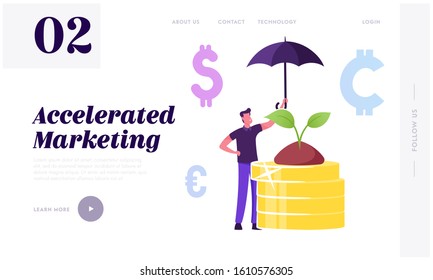 Corporate Responsibility, Social Citizenship Website Landing Page. Businessman Holding Umbrella Care Of Green Plant Growing On Pile Of Gold Coins. Csr Web Page Banner. Cartoon Flat Vector Illustration