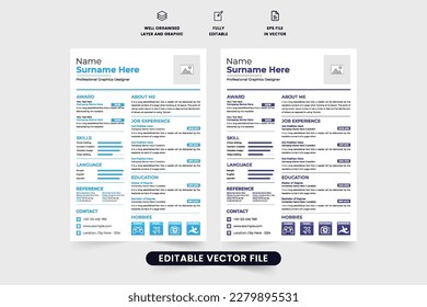 Corporate resume layout vector for a job application and official work. Office employee CV and resume template design with aqua and dark blue colors. Resume template vector for a corporate office.