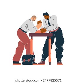 Corporate rivalry concept. Vector illustration of two men in office clothes engaged in arm wrestling. Represents labor competition and leadership. Flat style on isolated background.