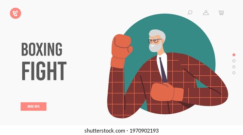 Corporate Rivalry, Opposition and Fighting in Office Landing Page Template. Man in Boxing Glove Fighting for Finance Success and Leadership Position, Battle Challenge. Cartoon Vector Illustration