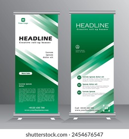 Corporate Sound Rollup Banner Design Vorlage für Ihr Unternehmen, Rollup Banner Design mit grüner Farbe, Vektorgrafik eps 10.