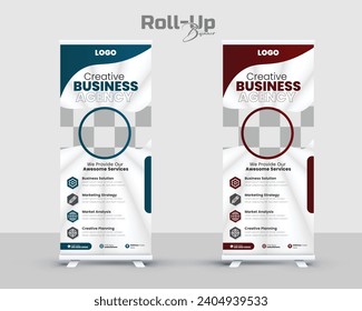 Banner de despliegue corporativo, tirada hacia arriba, volante de negocios, pantalla, pancarta x y paquete de banner-bandera. Roll de negocios. Diseño estándar. Plantilla de banner. Presentación y Folleto. Ilustración del vector