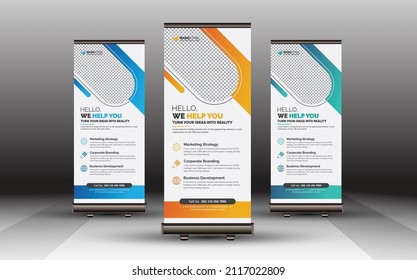 Corporate Roll Up Banner Template Download, Modern Unique Business Standee X Banner Pop Up Design Example with Gradient