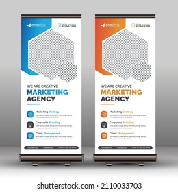 Corporate Roll Up Banner Template, Modern Business Signage Standee X Banner Pop Up Design with Polygon Shapes