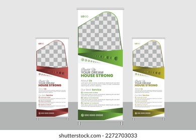 Corporate rollup banner design standee vector template agency abstract elegant banner poster hanger x banner calendar company 
real estate business constriction buddings banner bandelle colorful cons