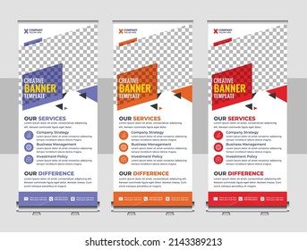 Corporate rollup banner, pull up, business flyer, display, x-banner, and flag-banner Set. Business Roll Up. Standee Design. Banner Template. Presentation and Brochure. Vector illustration