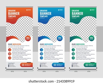 Corporate rollup banner, pull up, business flyer, display, x-banner, and flag-banner Set. Banner roll-up, stand vector, graphic template for exhibition, conference, accommodation advertising