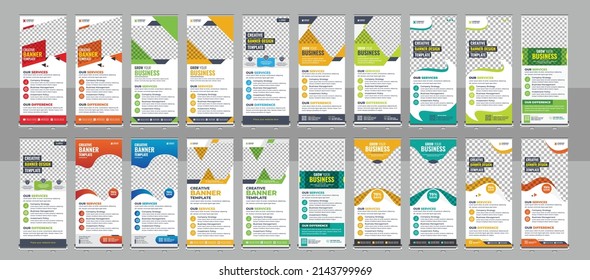 Corporate rollup banner, pull up, business flyer, display, x-banner, and flag-banner bundle. Business Roll Up. Standee Design. Banner Template. Presentation and Brochure. Vector illustration