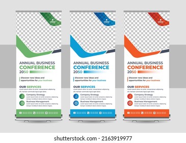 Corporate rollup banner, pull up, business flyer, display, x-banner, and flag-banner Set. roll up business brochure flyer banner design vertical template vector