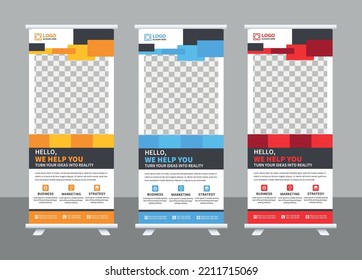 Banner de acumulación de empresas, tirada hacia arriba, volante de negocios, pantalla, x-banner y banner-banner Set. Diseño de pancartas, concepto de negocio. Rollo gráfico de plantillas para exhibiciones, publicidad, banner de agencia