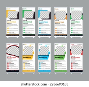 Corporate rollup banner, pull up, business flyer, display, x-banner, and flag-banner Set. Banner roll-up design, business concept. Graphic template roll-up for exhibitions, Advertising, agency banner