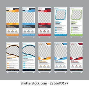 Corporate rollup banner, pull up, business flyer, display, x-banner, and flag-banner Set. Banner roll-up design, business concept. Graphic template roll-up for exhibitions, Advertising, agency banner